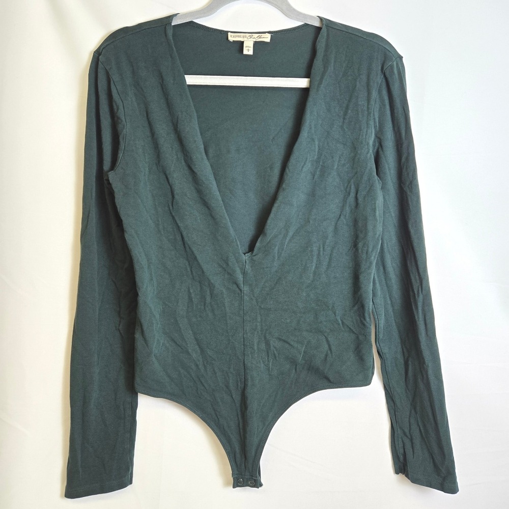 Express One Eleven Long Sleeve Deep V-neck Bodysuit Basic Layering Green Large